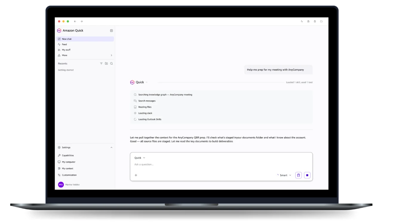 Amazon Quick desktop interface preparing a user for a meeting by reading files, messages, Slack and Outlook