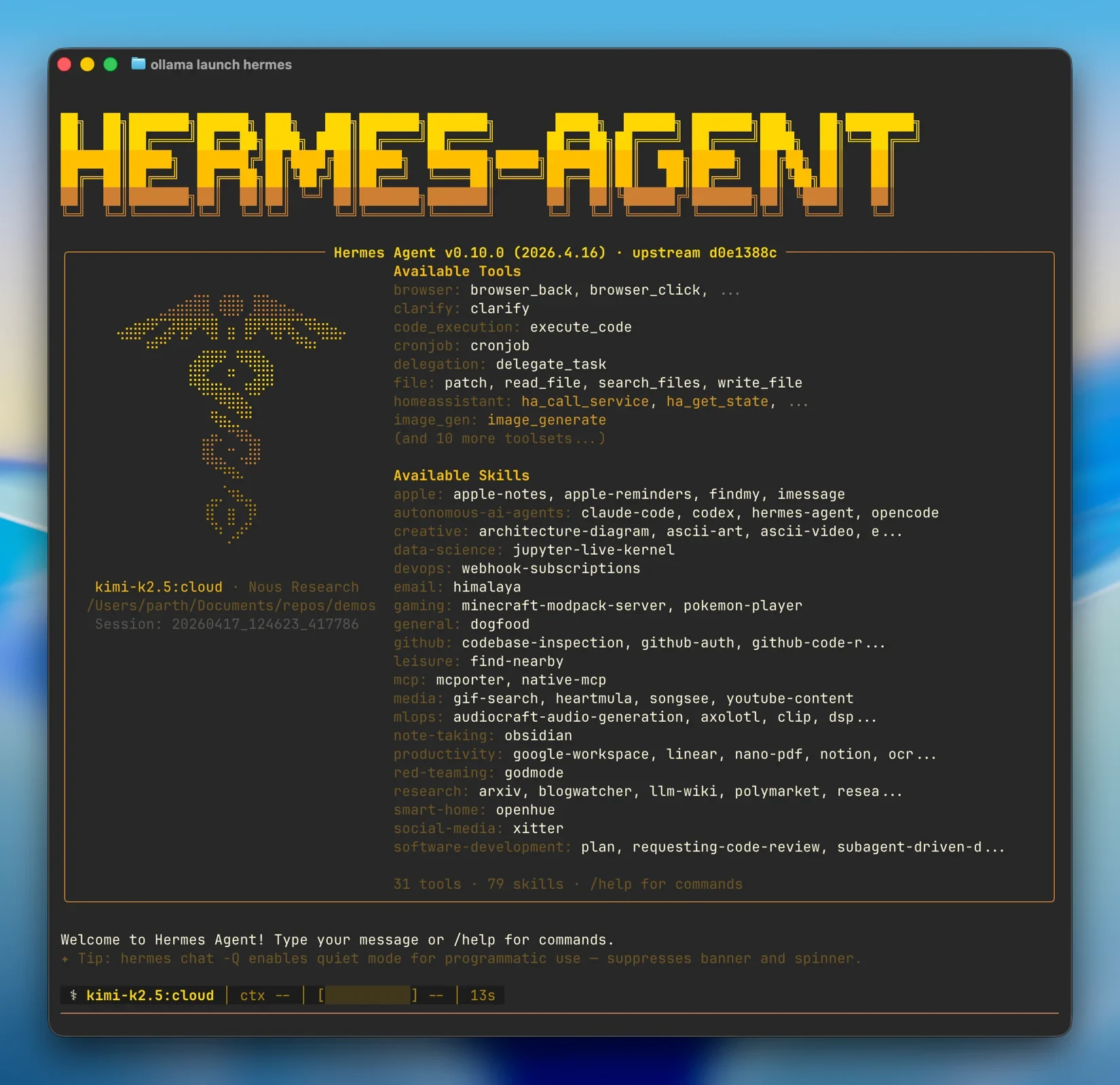 Hermes Agent terminal interface showing available tools and skills