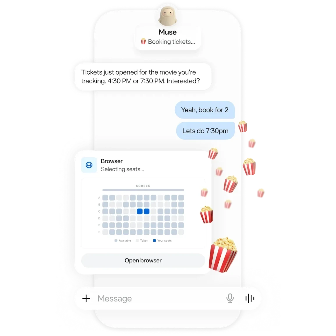 Muse mobile interface booking two movie tickets and selecting seats in a browser