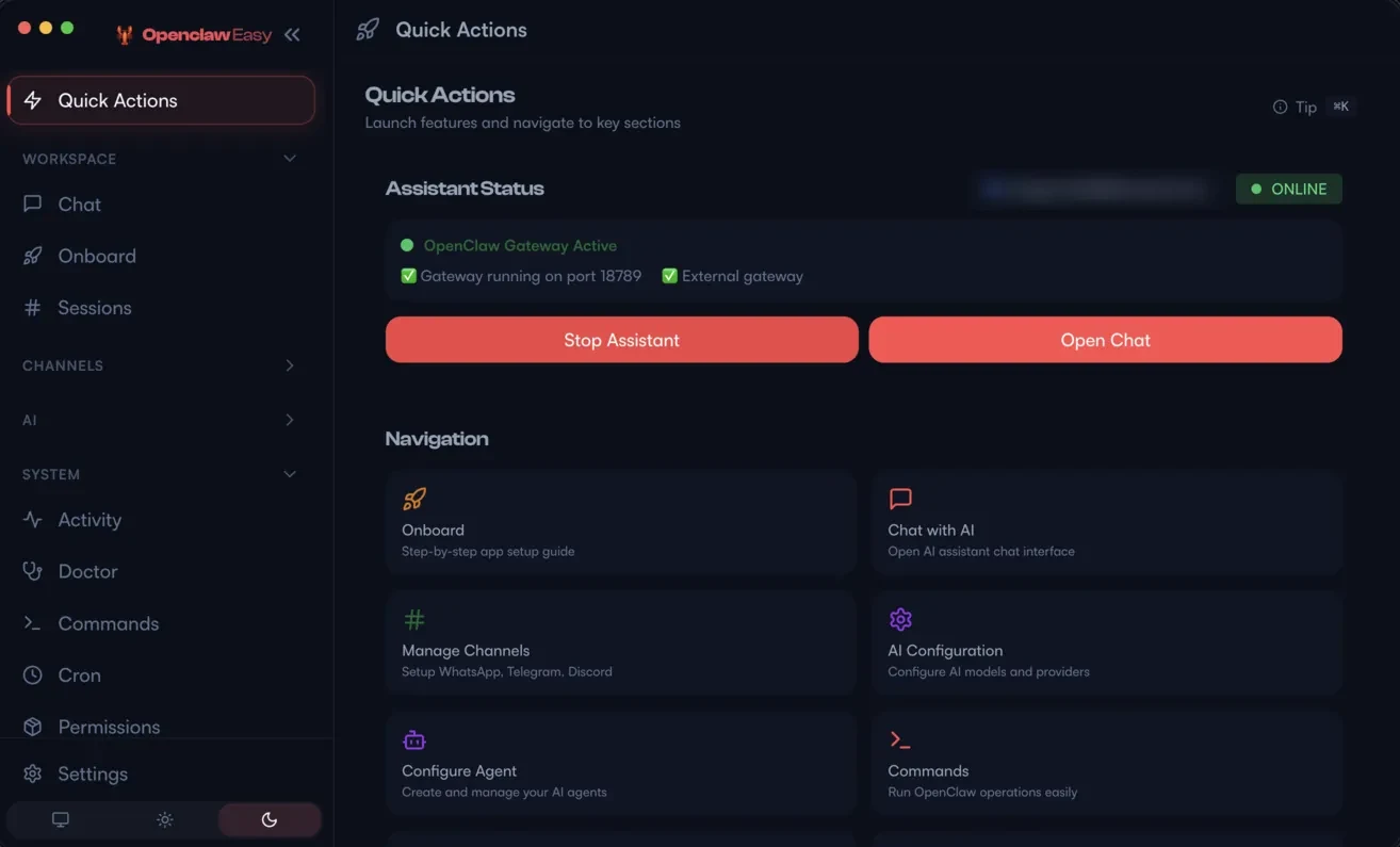 Third-party OpenClaw Easy dashboard showing assistant status, channels, permissions and configuration