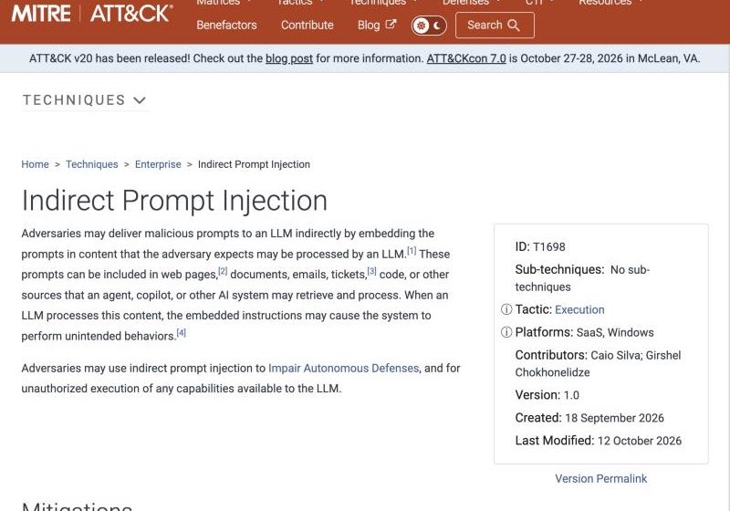 Screenshot of the MITRE ATT&CK page for T1698 Indirect Prompt Injection, showing the technique description, ID, tactic Execution, platforms SaaS and Windows, and version 1.0.