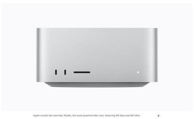 Screenshot of Apple's newsroom page showing the silver Mac Studio with the caption Apple unveils the new Mac Studio, the most powerful Mac ever, featuring M5 Max and M5 Ultra.