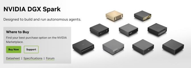 Screenshot of NVIDIA's DGX Spark product page with the headline NVIDIA DGX Spark, designed to build and run autonomous agents, and partner versions of the small box from several manufacturers.