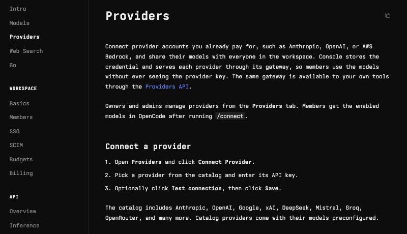 Screenshot of OpenCode's Console documentation page titled Providers, stating that Console stores the provider credential and serves each provider through its gateway so workspace members use the models without seeing the provider key, with steps to connect a provider by entering its API key.